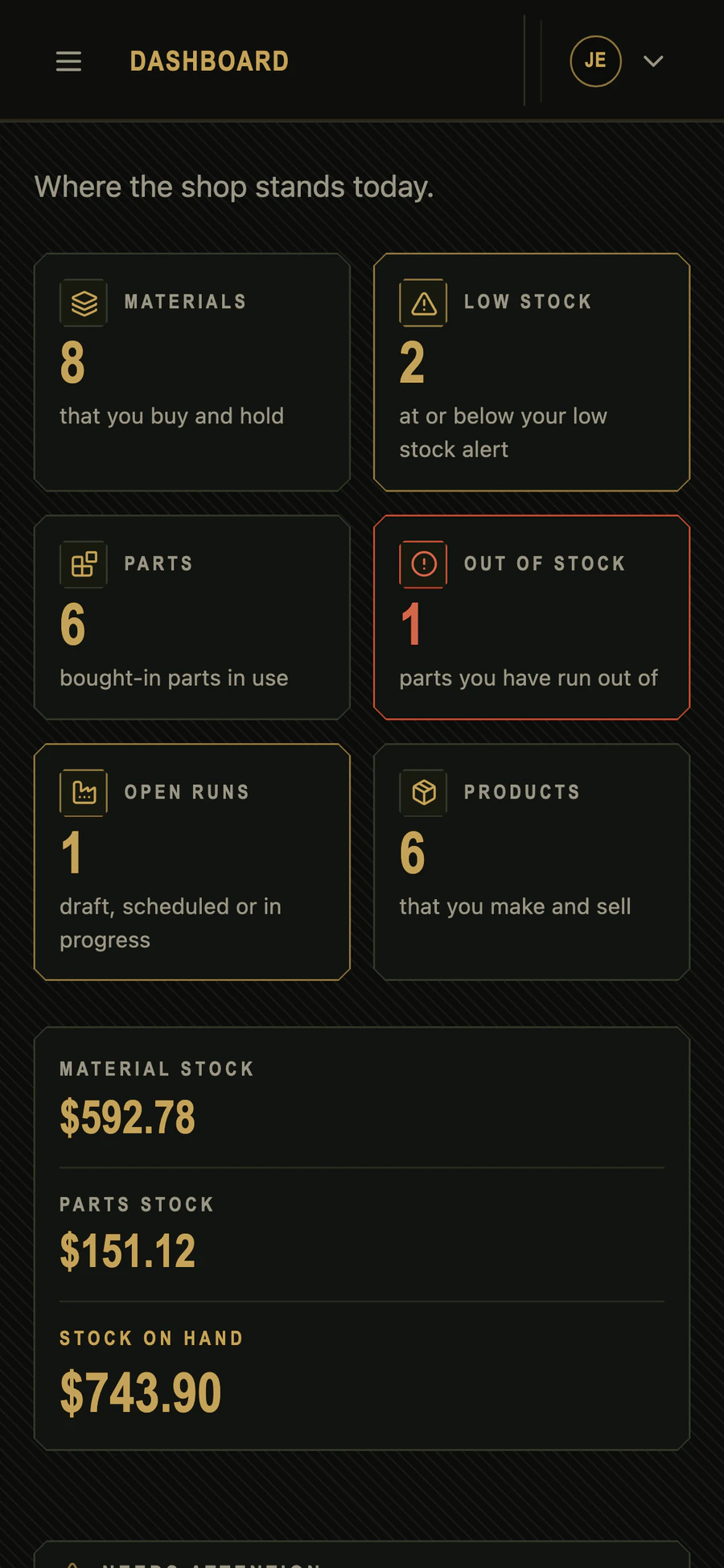 Cajella dashboard on a phone, with example data: the same counts and stock value.