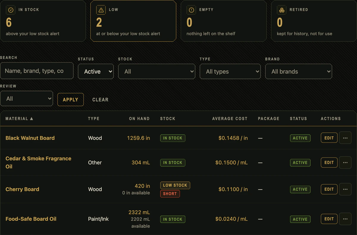 Cajella materials list with example data: stock counts, then each material with its quantity on hand, stock status and cost each.