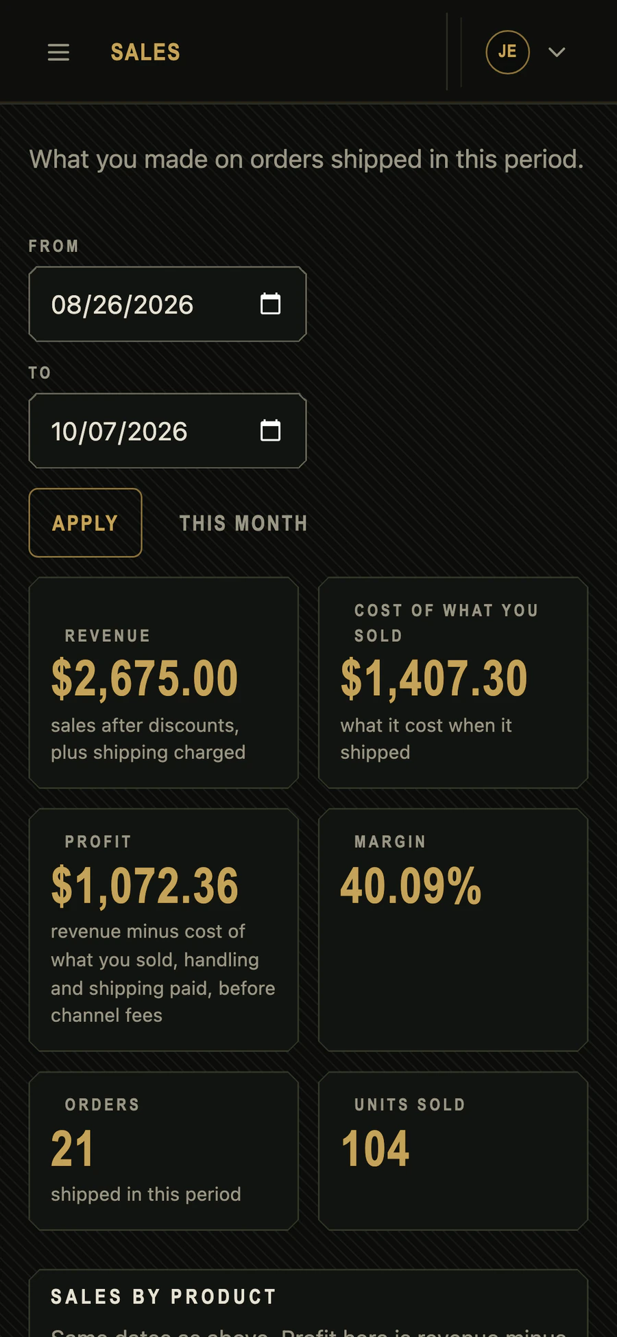 Cajella sales on a phone, with example data: revenue, cost of what was sold, profit and margin.
